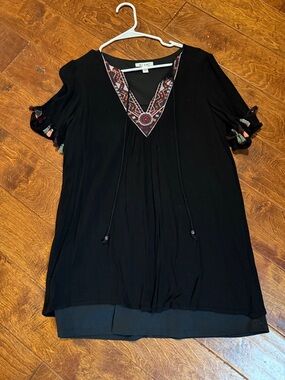 Black Embroidered V-Neck Women's Top